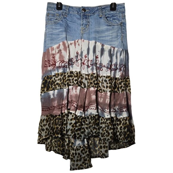 Zanadi Juniors Denim Mixed Media Midi Skirt Size 9 Gypsy Y2K Asymmetric Fairy - Picture 2 of 11